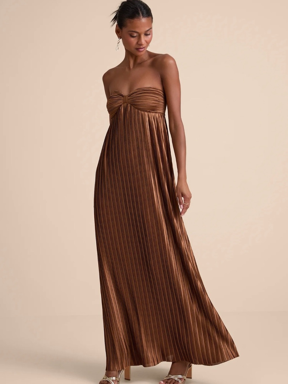Strapless Pleated Maxi Dress in Bronze Brown